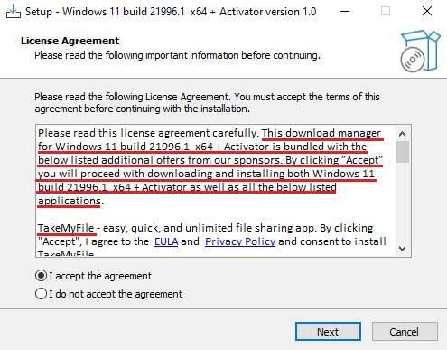 Ejemplo de un instalador falso de la nueva versión de Windows 11